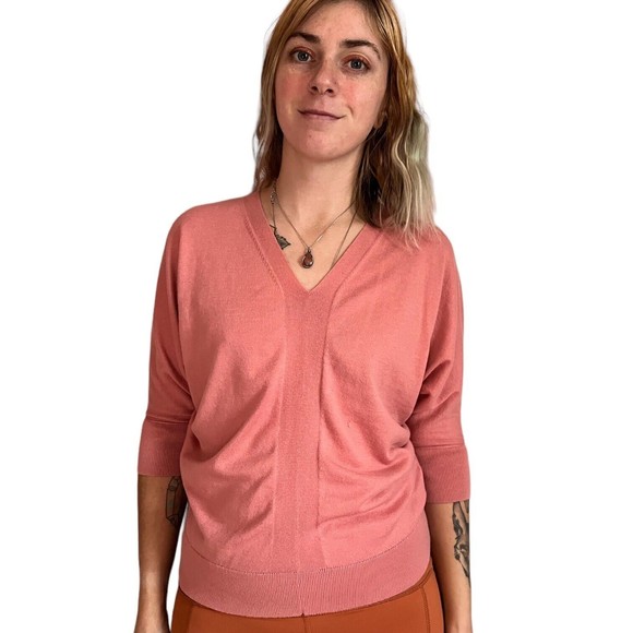 Chaps 3/4 Sleeve Dolman Sweater Salmon Pink Size Small S V-Neck Modal Cotton - Picture 5 of 11